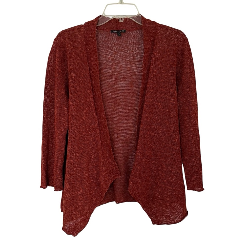 Eileen Fisher Linen Blend Rust Red Open Front Cardigan, 3/4 Sleeves Size M